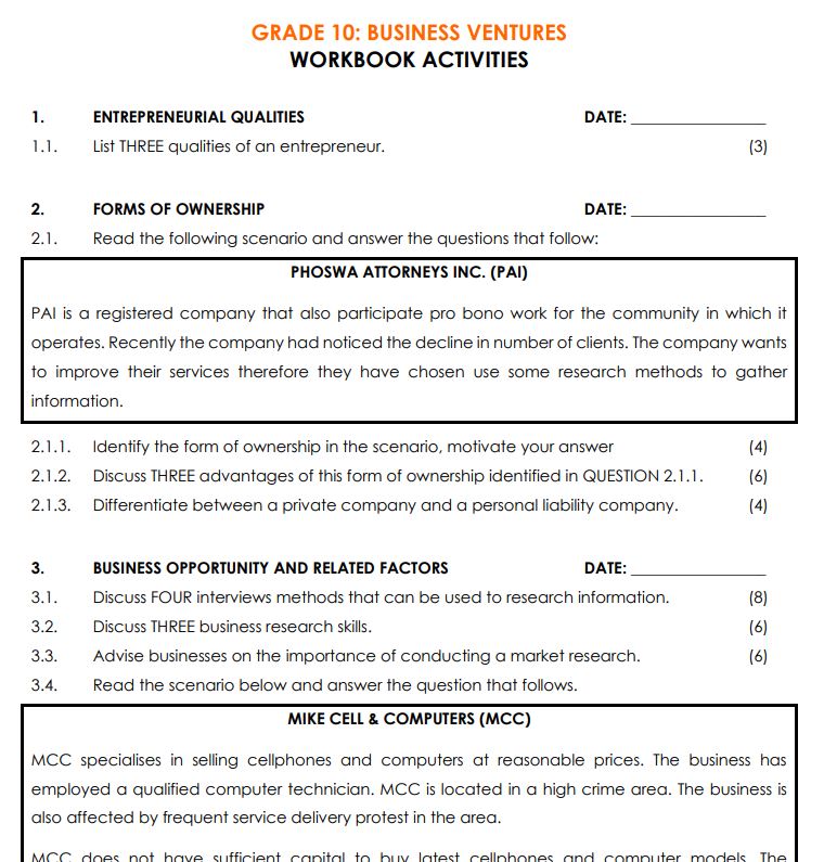 FET Grade 10 Business Studies Core Notes Business Ventures_Work Sheet WCED ePortal
